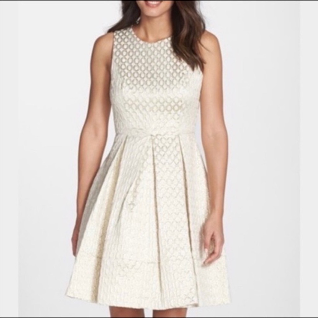 Eliza J Gold Fit & Flare Dress Pockets Sleeveless Cream Mini Size 14